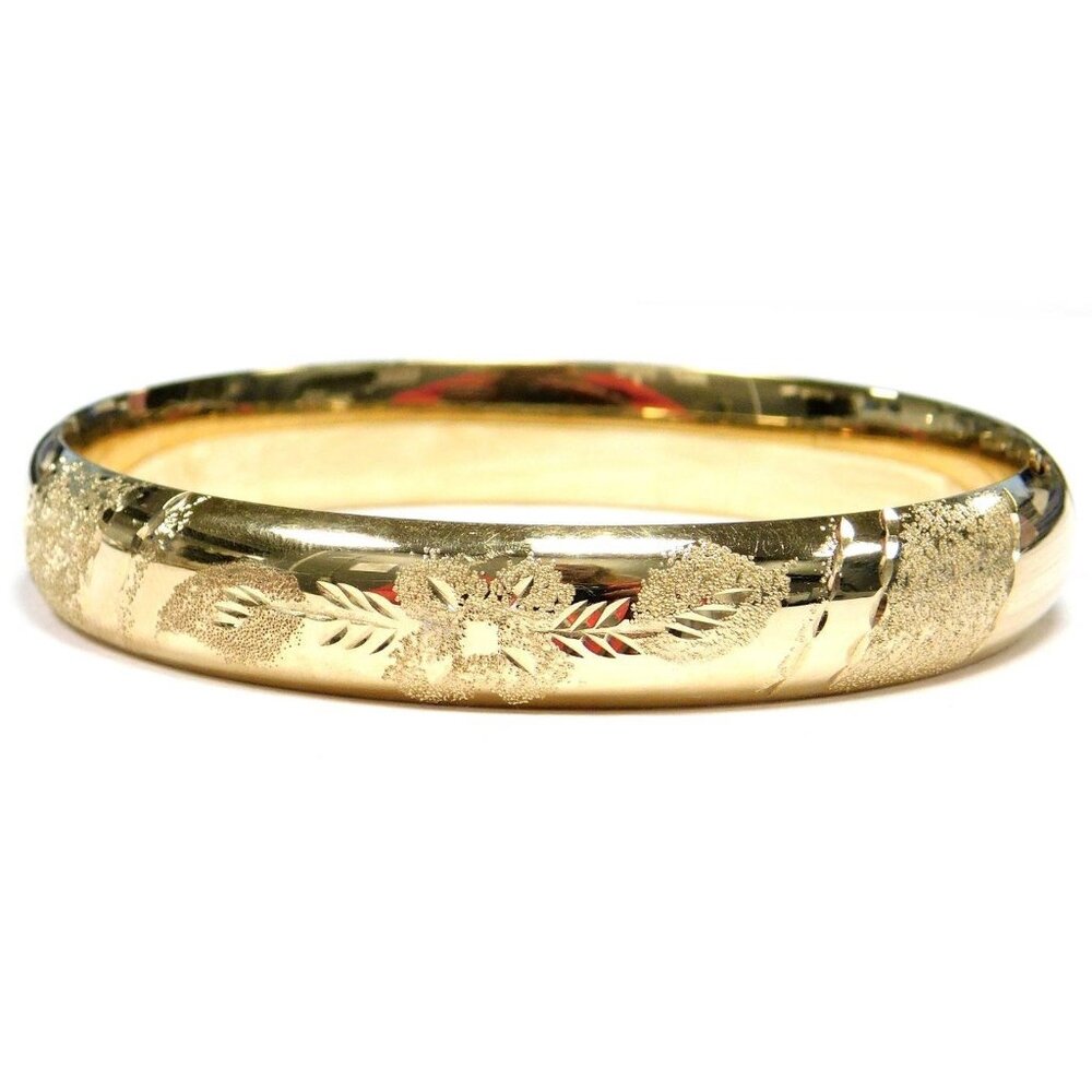 Real 14K Gold Floral Design Bangle Bracelet, Hollow Statement Bracelet Gift Idea